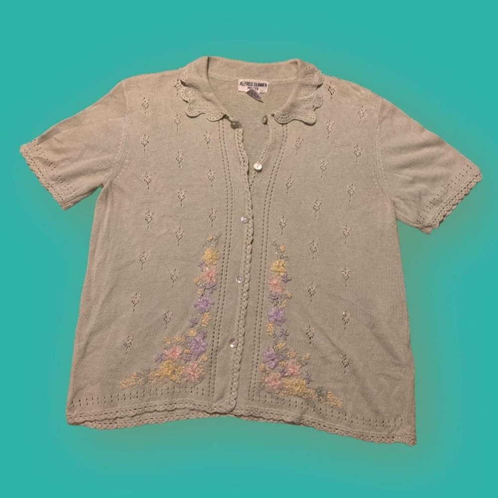 Knit sage green embroidered collared shirt